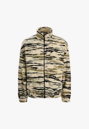 Fleecejacke mit hohem Kragen, die ein beige-schwarzes Tigermuster aufweist. Voller Frontreißverschluss und weicher, strukturierten Stoff.