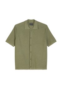 Short-sleeve, button-up shirt in olive green, made of textured fabric with a flat collar and front placket featuring six buttons.