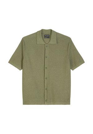 Kurzärmliges, knöpfbares Hemd in Olivgrün, aus strukturiertem Stoff mit flachem Kragen und einer Vorderseite mit sechs Knöpfen.