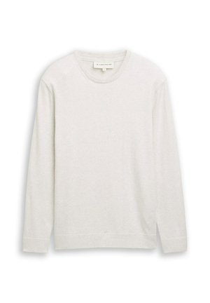 Pulover gri deschis cu mâneci lungi, guler rotund, textură moale și manșete ribbed. Prezintă un tiv drept și detalii minime la cusături.