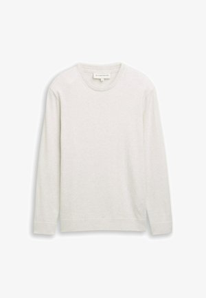 Pulover gri deschis cu mâneci lungi, guler rotund, textură moale și manșete ribbed. Prezintă un tiv drept și detalii minime la cusături.