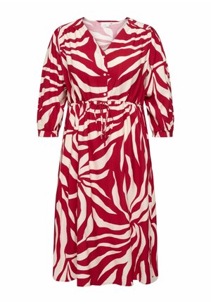 Červené a biele midi šaty so zebrovým pruhovaním, s tromištvrťovými rukávmi, výstrihom do V, zapínaním na gombíky vpredu a nastaviteľným opaskom v páse.