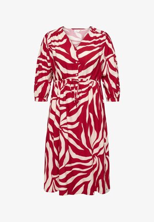 Punane ja valge sebratriibu mustriga midi-kleit kolmeveerandvarrukate, V-kaeluse, nööpidega ees ja reguleeritava vöökohaga