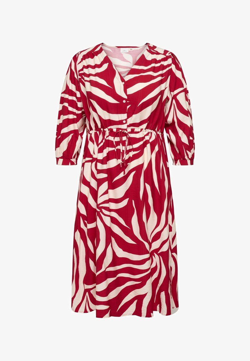 Rdeča in bela midi obleka v zebrin vzorec z rokavi do komolcev, V-izrezom, gumbi spredaj in nastavljivo pasno zaponko.