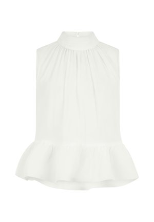 Sleeveless white blouse with high gathered neck and ruffled peplum hem, featuring a back button closure.