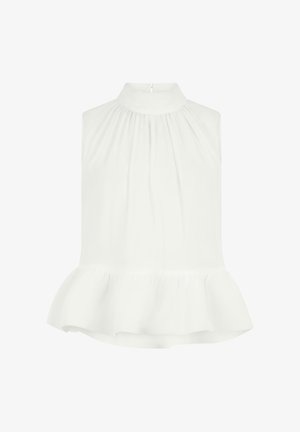 Sleeveless white blouse with high gathered neck and ruffled peplum hem, featuring a back button closure.