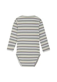 Långärmad bodysuit i ett mjukt ribbat tyg med horisontella ränder i nyanser av beige, grått och blått. Tryckknappsstängning i botten.