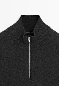 Dark gray wool sweater with a high collar and a silver zipper. Ribbed texture on the collar, featuring a brand label inside.