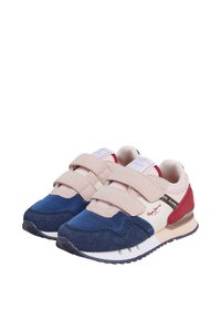 Sneakers per bambini in blu, rosa e rosso con un design in materiali misti. Presentano doppie cinghie in Velcro e una suola imbottita per il massimo comfort.