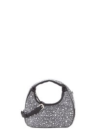 Sac à main noir orné de strass argentés, présentant une forme courbée, des poignées doubles et une bandoulière amovible. Texture lisse, fermeture éclair.