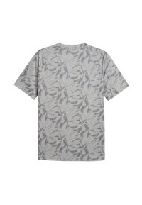 Kortærmet t-shirt med et gråt abstrakt bladmønster på en lys grå baggrund. Lavet af blødt, åndbart stof med en afslappet pasform.