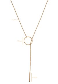 Collier doré avec un pendentif circulaire de 1,9 cm suspendu à une chaîne de 70 cm, avec un accent vertical de 2,4 cm suspendu en dessous.