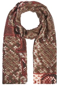 Écharpe rectangulaire en tissu texturé aux tons marron et rouge. Elle présente un motif complexe qui orne l'ensemble du tissu.