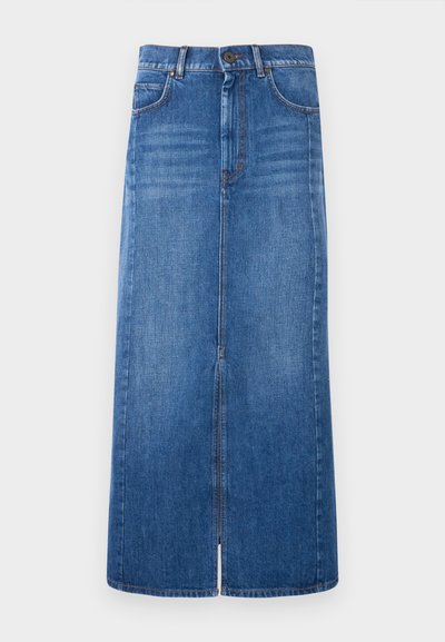 Denim midi skirt in blue, featuring a center front slit, standard waistband with button closure, and two front pockets.