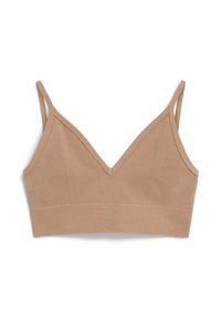 Beige bh met een v-hals, geribbelde textuur en twee verstelbare bandjes. Heeft een brede onderband en subtiele reliëfdetails.