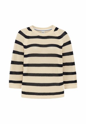 Pull en maille crème avec rayures horizontales noires et manches trois-quarts, présentant un motif de point texturé.