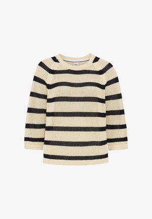 Pull en maille crème avec rayures horizontales noires et manches trois-quarts, présentant un motif de point texturé.