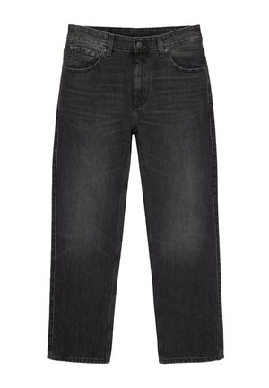 Zwarte denim jeans met een losse pasvorm, rechte pijpen, vijf zakken en een knoopsluiting. Minimale vervaging en geen zichtbare patronen of accenten.