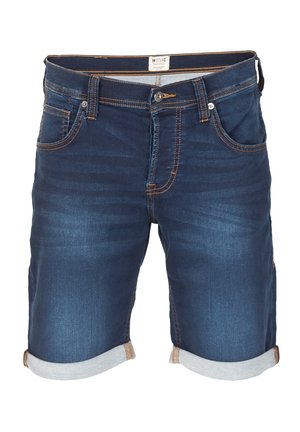 Shorts en denim bleu foncé avec un ourlet roulé, design à cinq poches, coutures orange contrastantes et une texture légèrement décolorée.