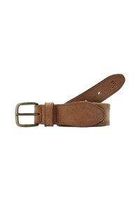 Cintura in pelle marrone con superficie texture, dotata di una fibbia rettangolare in ottone antico e cuciture rinforzate. Design liscio e resistente.