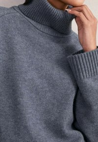Halli hall turtleneck, mis on valmistatud pehmest kudumist, ribadega kaela- ja käeäärtega, sujuva ja ühtlase tekstuuriga.