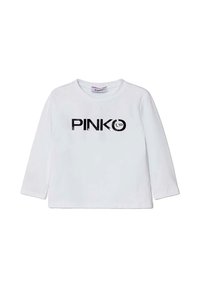 Maglietta a maniche lunghe bianca in cotone, con grafica nera che recita "PINKO" sul davanti. Collo rotondo, vestibilità comoda.