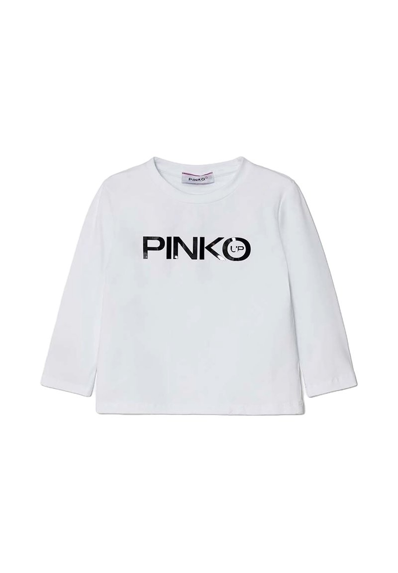 Maglietta a maniche lunghe bianca in cotone, con grafica nera che recita "PINKO" sul davanti. Collo rotondo, vestibilità comoda.