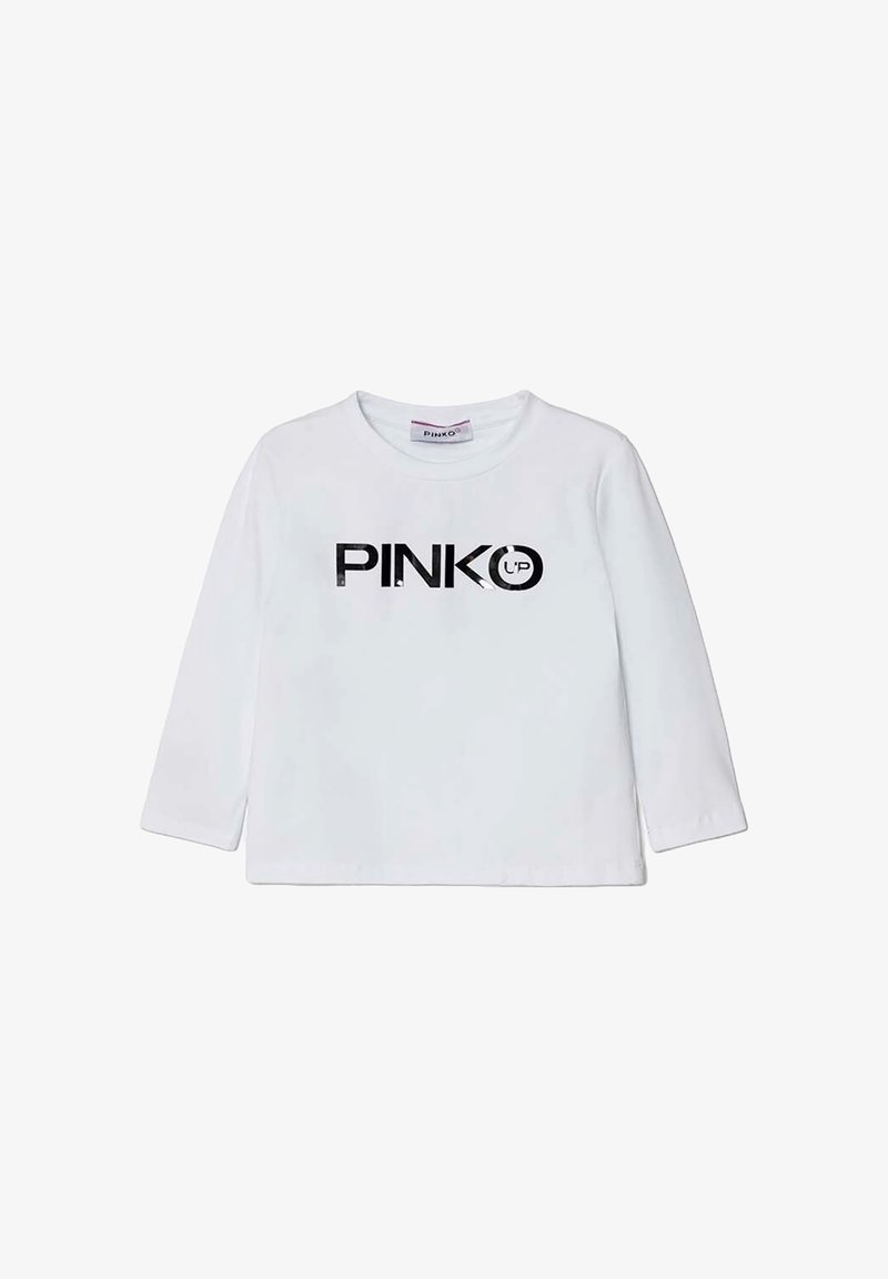 Maglietta a maniche lunghe bianca in cotone, con grafica nera che recita "PINKO" sul davanti. Collo rotondo, vestibilità comoda.