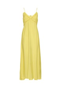Gelbes langes Sommerkleid mit dünnen Trägern, Spitzenbesatz am Ausschnitt, fließender Silhouette und weichem, leichtem Stoff.