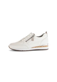 White leather sneaker with a lace-up front and side zipper, cork accent on the heel, and a textured rubber sole. Smooth surface finish.