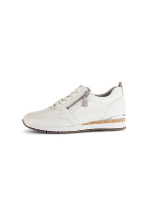 White leather sneaker with a lace-up front and side zipper, cork accent on the heel, and a textured rubber sole. Smooth surface finish.