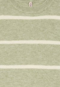 Helles grünes Strickpullover mit weißen vertikalen Streifen, ausgestattet mit einer gerippten Textur und einem runden Ausschnitt. Weiches Material mit subtiler glänzender Oberfläche.
