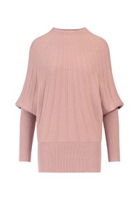 Hellrosa, gerippter Pullover mit hohem Kragen und weiten Ärmeln; verfügt über eine lockere Passform und ein strukturiertes Strickmuster am Körper und an den Bündchen.