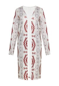 Langer, weißer Cardigan mit einem geometrischen Muster in Rot und Kastanienbraun, offenem Vorderteil, langen Ärmeln und einem leichten Stoff.