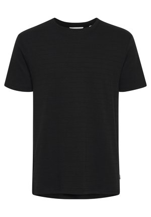 Black short-sleeve crew neck t-shirt with subtle horizontal stripes and a small side tag on the lower right side.