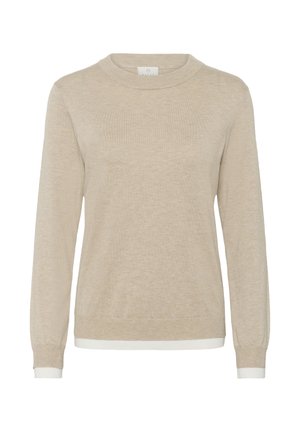 Pull en maille beige à manches longues avec encolure ronde et bordure blanche aux poignets et à l'ourlet, présenté sur un fond blanc.