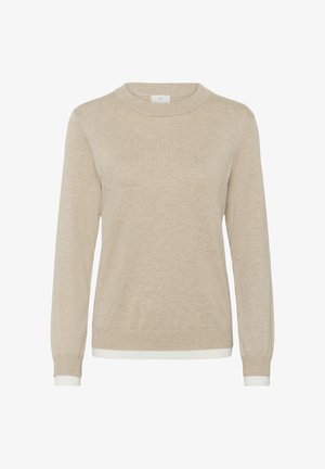 Pulover tricotat bej cu mâneci lungi, guler rotund și margine albă la manșete și tiv, prezentat pe un fundal alb.