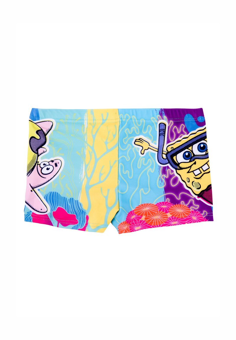 Pantaloni da bagno per bambini con un design sottomarino colorato, caratterizzati da sezioni gialle, blu e viola, che mostrano personaggi dei cartoni animati e motivi di corallo.