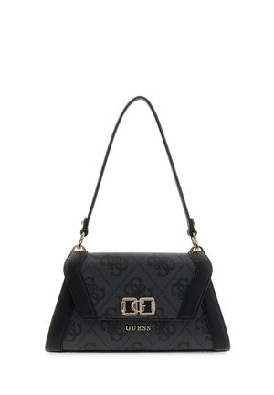 Borsa Guess nera con motivo monogramma, chiusura con logo doppia G dorato e tracolla singola.