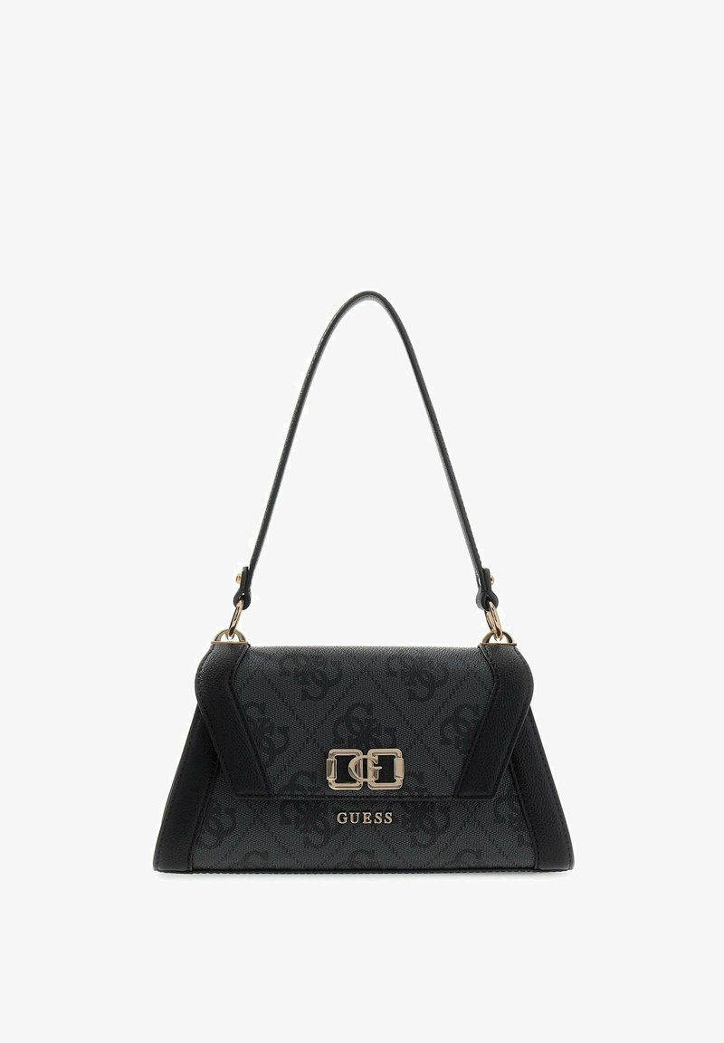 Sac à main Guess noir avec motif monogramme, fermoir logo double-G doré et bandoulière unique.