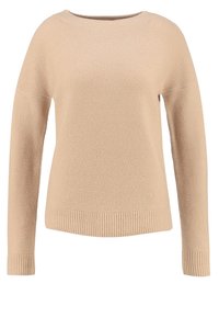 Maglione lavorato a maglia beige con scollo rotondo e maniche lunghe. Tessuto testurizzato con polsini e orlo a costine. Vestibilità classica e rilassata.