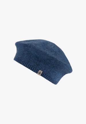 Blue knit beret with a soft texture, tapered design, and an attached label on the side. Suitable for casual wear.