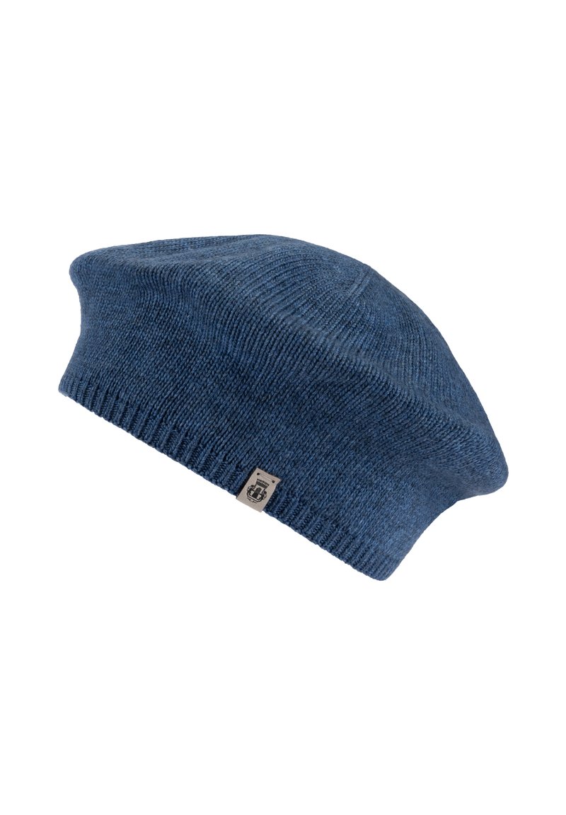Blue knit beret with a soft texture, tapered design, and an attached label on the side. Suitable for casual wear.