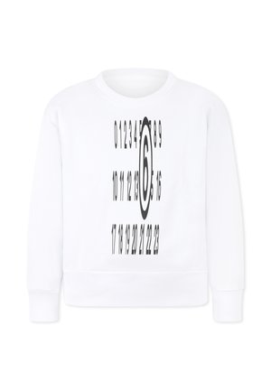 Witte sweatshirt met een grote zwarte grafiek waarop cijfers verticaal zijn gerangschikt, met een prominente "6" in het midden. Zachte textuur, geribde mouwen.