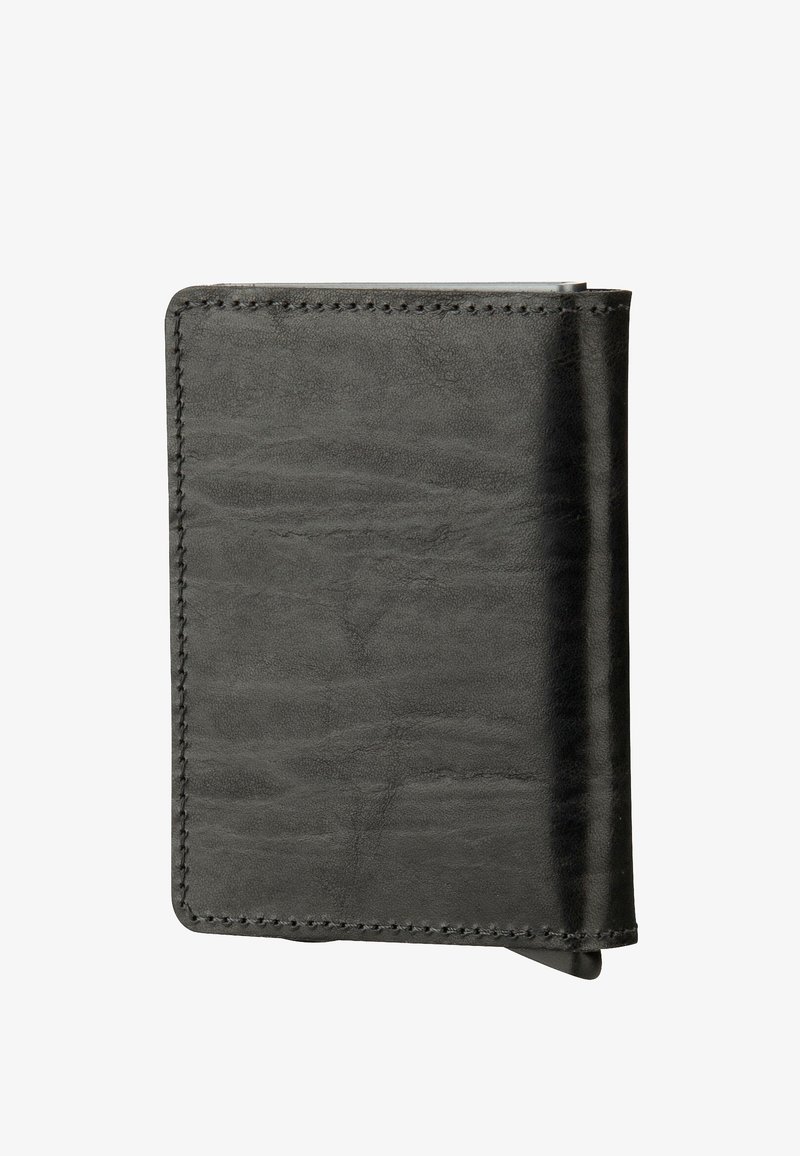 Portefeuille noir en cuir à deux volets avec couture visible le long des bords, fermé, isolé sur fond blanc.