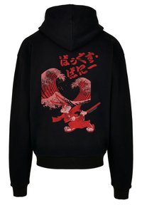 Black hoodie featuring a large red graphic on the back with a character in a red outfit and two stylized waves, accompanied by Japanese text.
