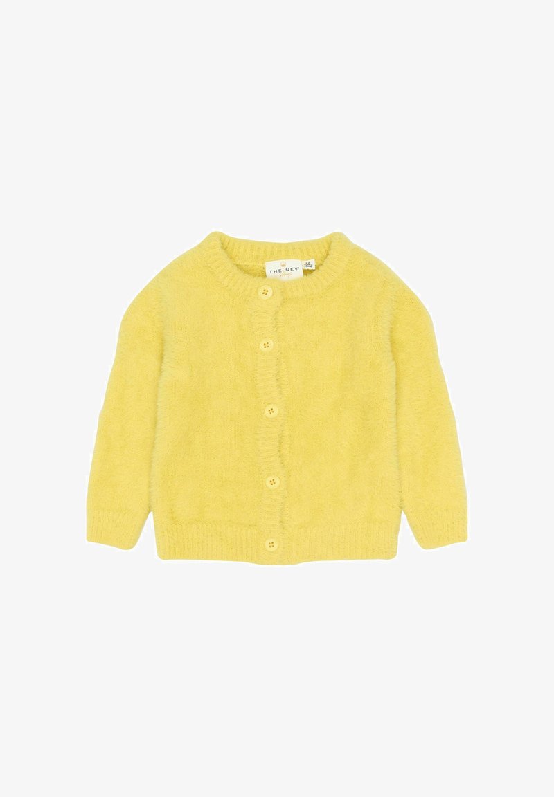 Sárga kötött kardigán kerek nyakkal, hosszú ujjakkal és öt gombos záródással. Puha textúra, bordázott aljjal és mandzsettával.