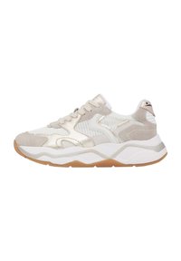 Sneakers featuring a mix of beige suede and metallic accents, white mesh upper, chunky white sole with a gum rubber outsole, and lace-up design.