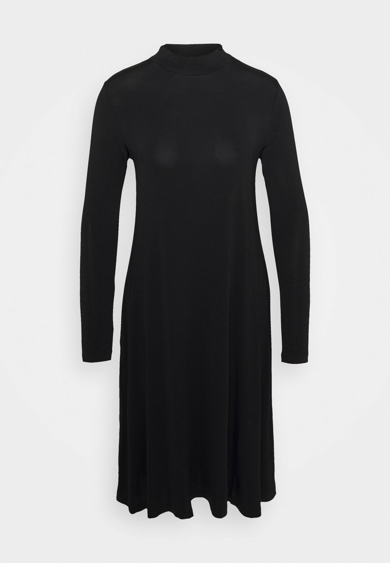 Robe midi noire à manches longues avec col montant et ourlet légèrement évasé, présentée sur fond blanc.
