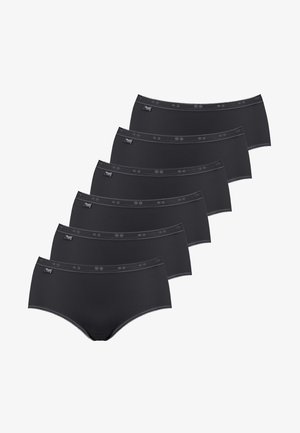 Ensemble de six slips en coton noir, présentant une texture lisse, une taille élastique avec des accents et une coupe hipster classique.